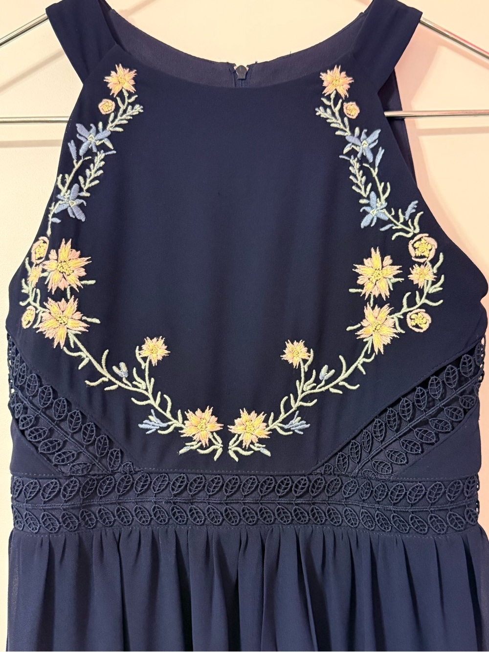 Iz Byer Navy Dress with Yellow & Light Blue Floral Embroidery (NEW)